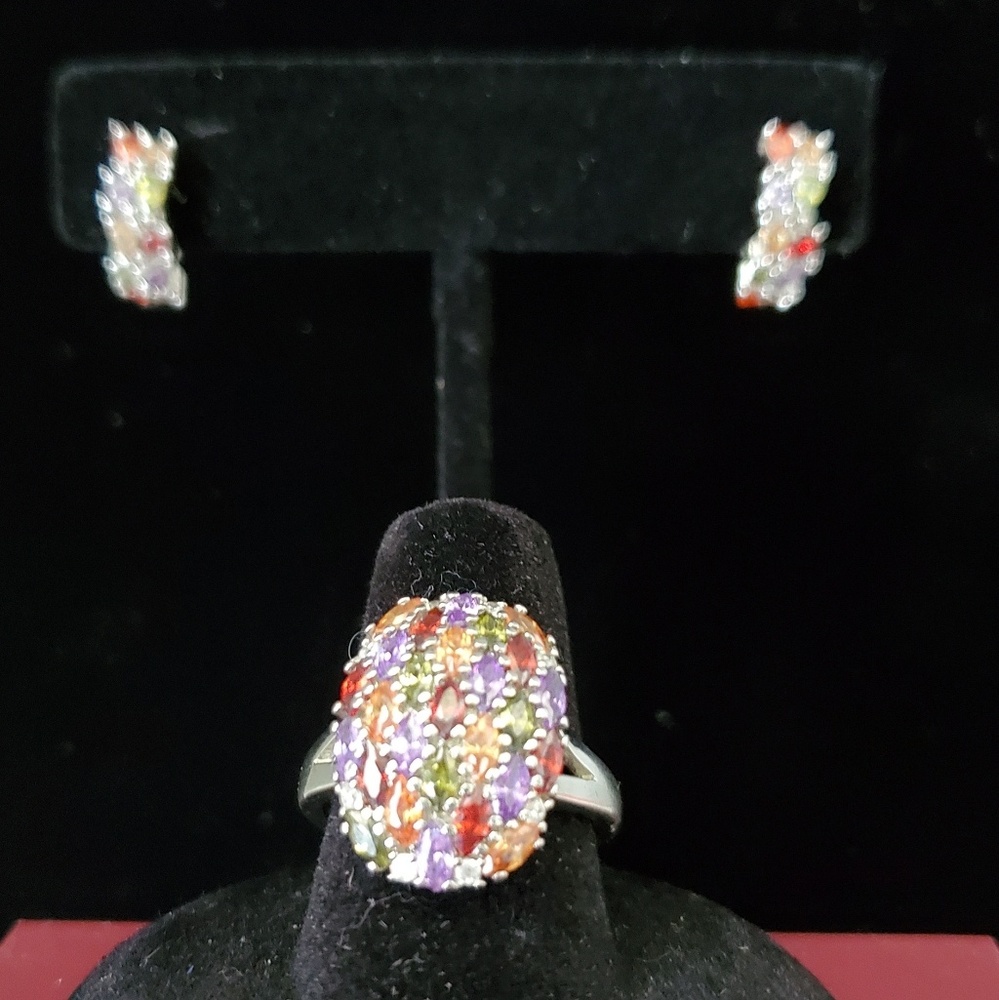 Sterling Silver Multi Gem Ring & Matching Earrings